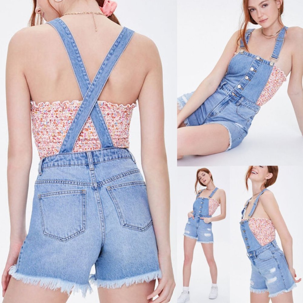 NEW High Waist Distressed Denim Overalls Shorts - Picture 2 of 10